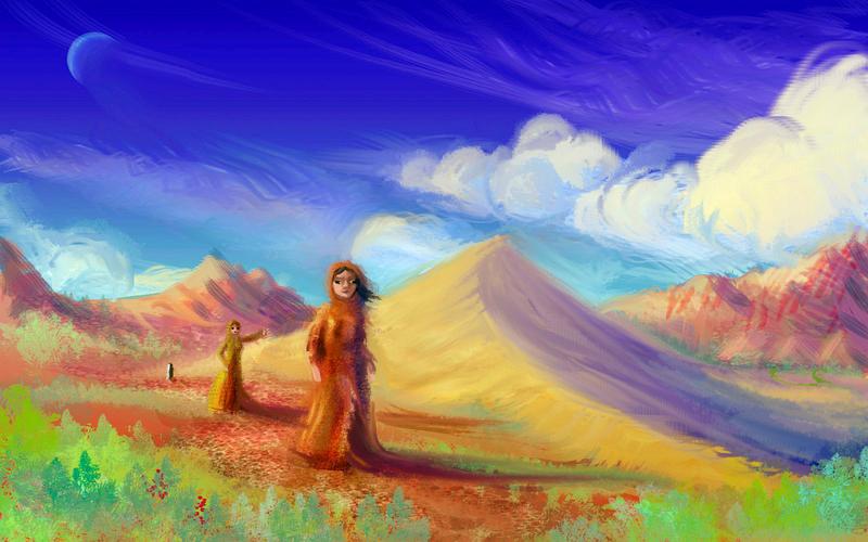 Two women walk in desert on a habitable moon. Dream sketch by Wayan. Click to enlarge.