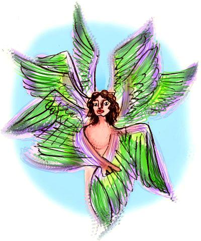 I fuse with a flock of swallows: wrapped in a dozen green-violet wings. Dream sketch by Wayan. Click to enlarge.