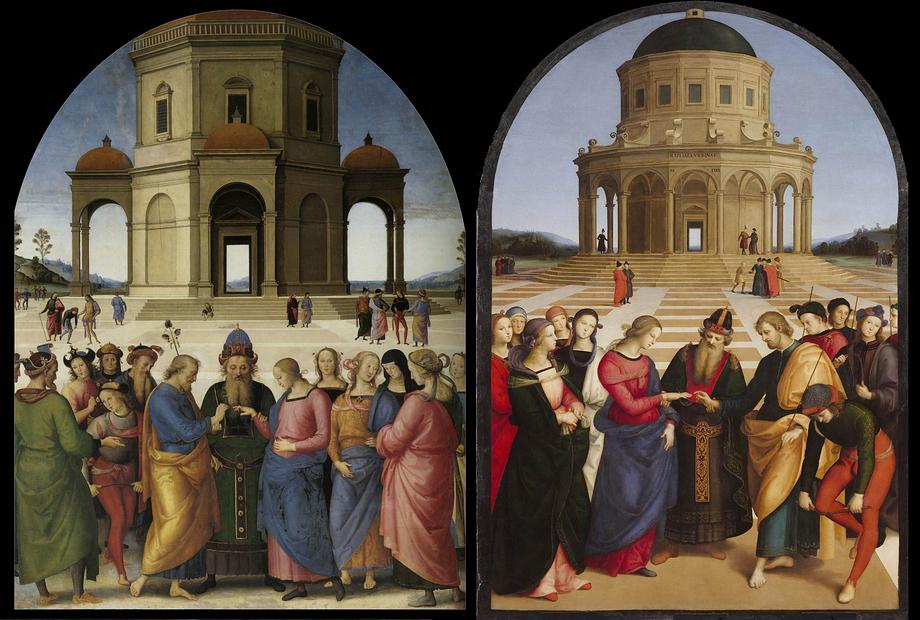 'Marriage of the Virgin' (1504); left by Perugino, right by Raphael. Click halves to enlarge.