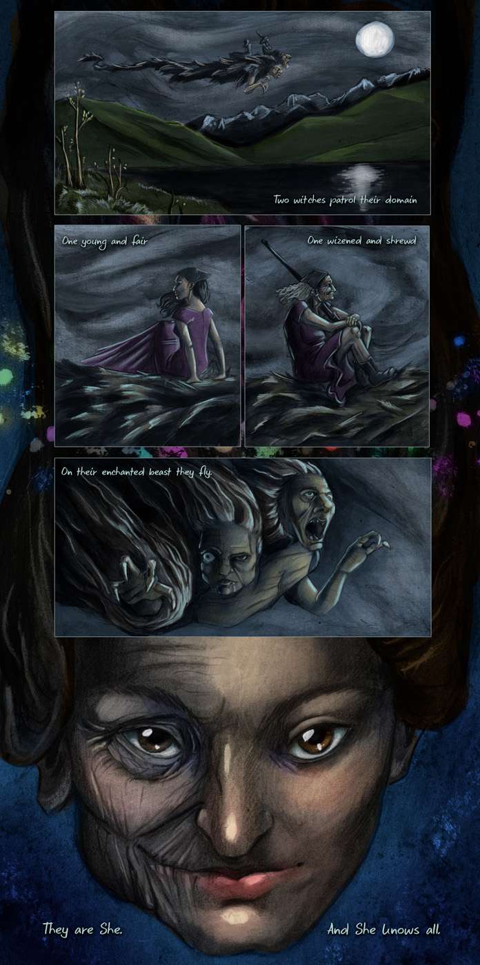 Two Witches, a painted 2013 comic of a dream by Melissa McClanahan