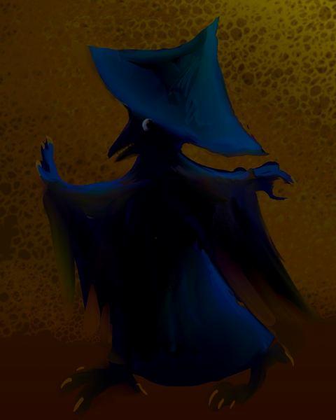 Birdlike alien in black hat and cloak; sketch of childhood dream by Wayan.