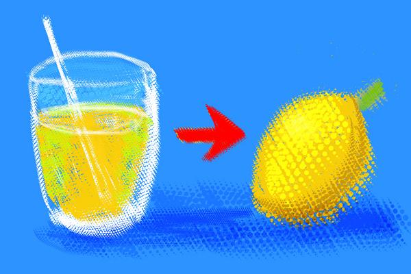 Lemonade glass turns back into a lemon. Dream by Andrea McFarland, sketch by Wayan.