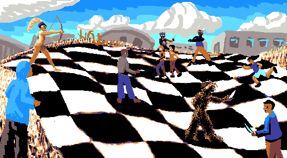 Sketch of a dream by Wayan: gangs chase each other across a stone plaza set up like a huge chessboard.