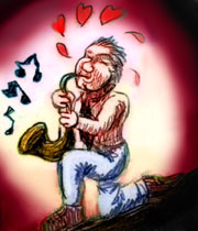 Sketch of a kneeling man passionately playing a saxophone