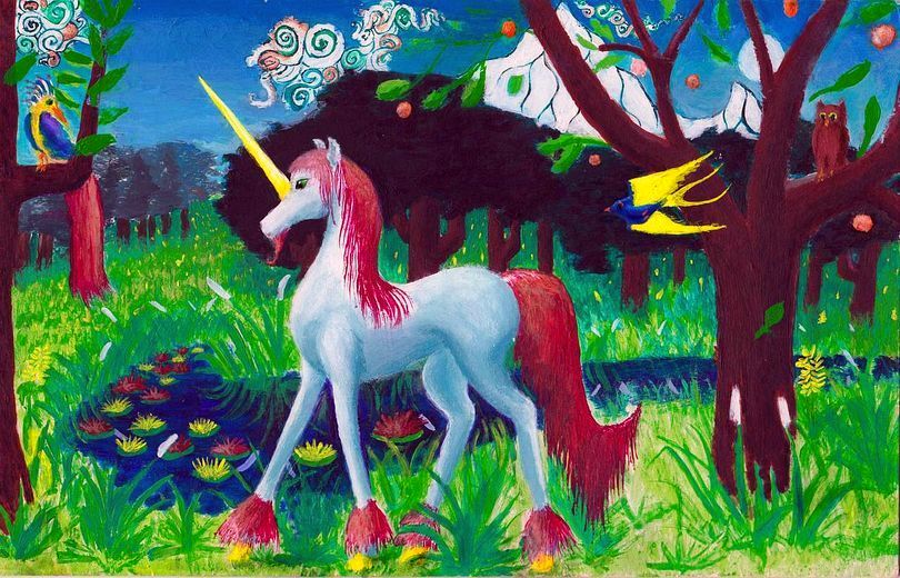 White unicorn with red mane and tail in profile in green fields with trees full of birds; Himalayan peaks on horizon.