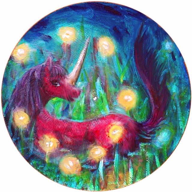 Gold fireflies circle round the horn of a reclining red unicorn, bedding down at dusk...