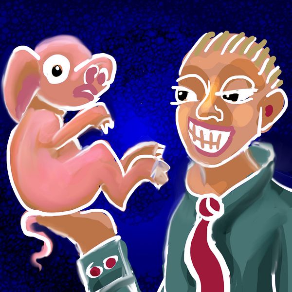 TV ad man holds up a small pig. Digital dream-sketch by Wayan.