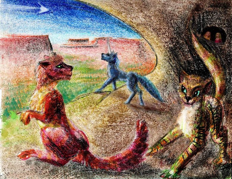 Three Atheleni, leonine beings, in a cave overlooking a canyon. Red broken-horned Eris, blonde hornless Jeryl, and blue unicornlike Aretenon. Dream sketch (crayon) by Wayan. Click to enlarge.