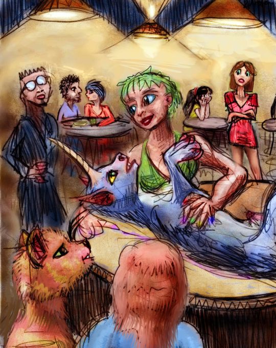 Aretenon, a blue unicorn, flirts in a bar with a cyborg artist named Boats. Dream sketch by Wayan; click to enlarge.