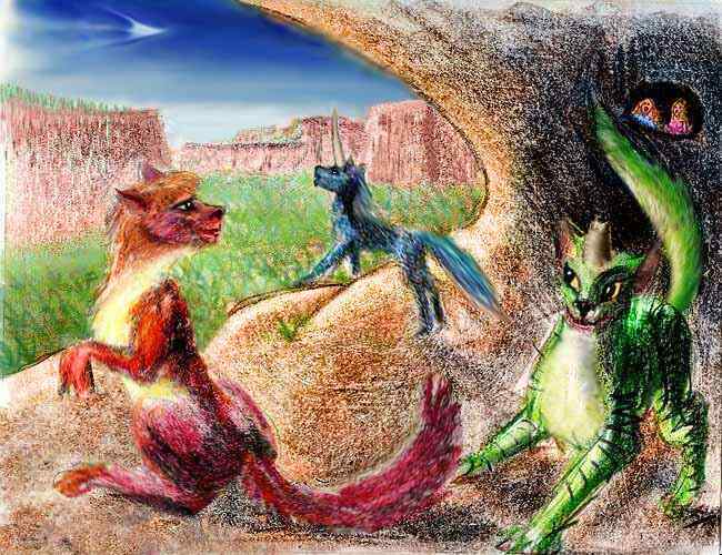 Three Atheleni, leonine unicornish aliens, discuss war strategy in a cave.  Click to enlarge.