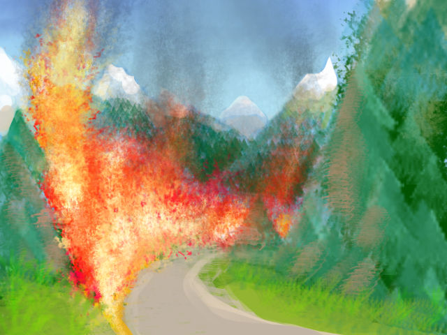 A roadside ditch in Canadian mountains roars with flame. Dream sketch by Wayan.