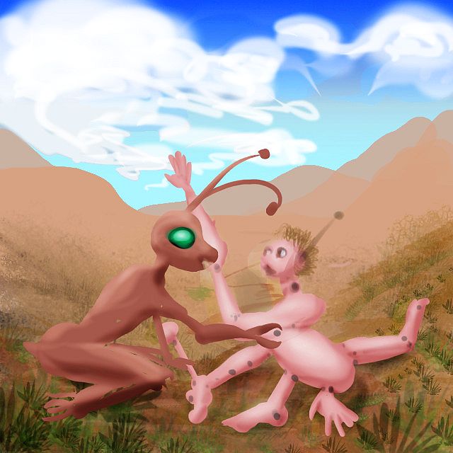 In a desert valley, an Ant scrambles the body parts of a Cyborg; dream sketch by Wayan