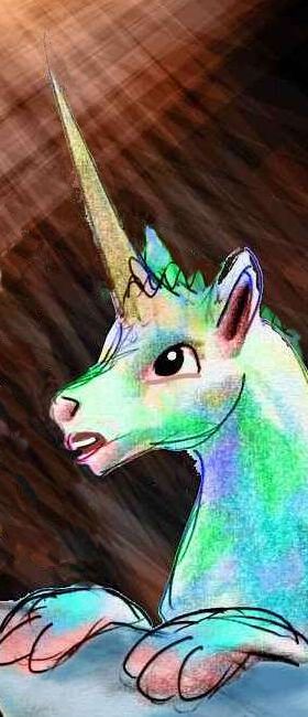 Aretenon, a blue telepathic unicorn in a bar. Dream sketch by Wayan.