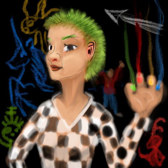 Boats, a pirate cyborg with short green hair, checkered shirt, and colored pen nibs for fingernails. Dream sketch by Wayan.