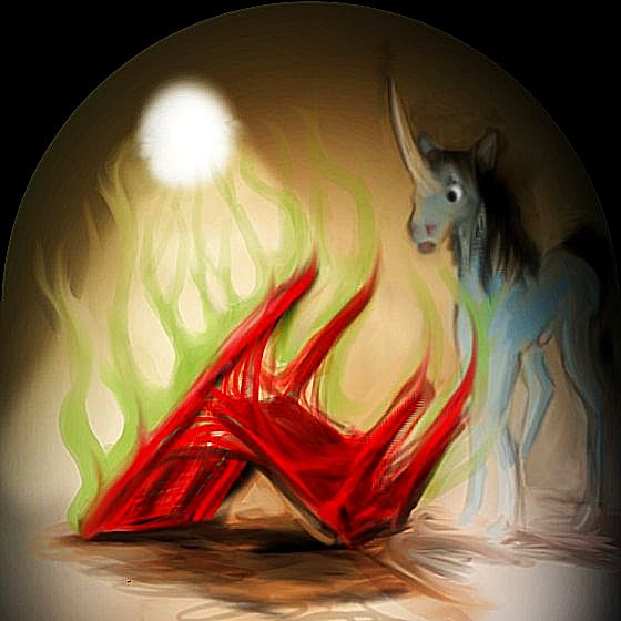 Blue unicorn stares guiltily at overturned red chair; dream sketch by Wayan.