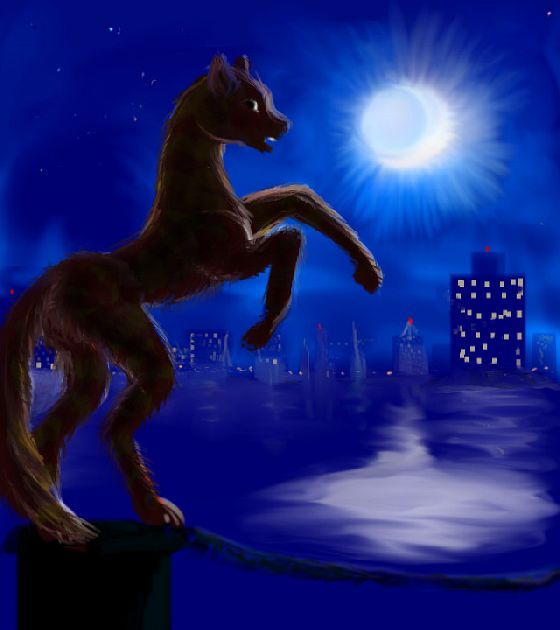 Night. A harbor. Jeryl, who looks like a tiger-striped pony, rears and challenges the moon. Dream sketch by Wayan; click to enlarge.