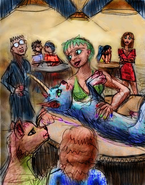 Dream: after a hard day at the peace talks, Aretenon the blue unicorn flirts in a bar with a cyborg artist named Boats.  Click to enlarge.