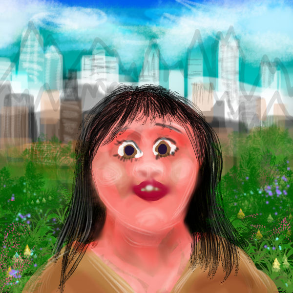 Lydia, a fat pink earnest reporter's assistant. Dream sketch by Wayan, with apologies to John Prine