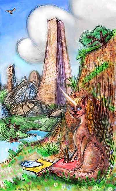An Atheleni, a sort of unicorn-tiger, amid the domes and spires of New Vancouver. Dream sketch by Wayan; click to enlarge.