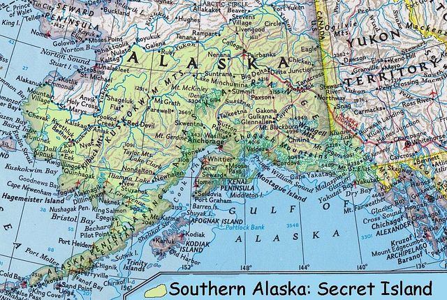 Map of southern Alaska--entirely surrounded by water. Click to enlarge.