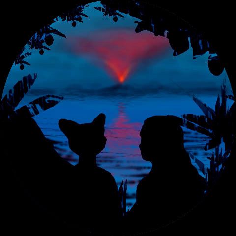 Night scene: silhouettes of two tourists, a human and a large feline, looking out from jungle across a blue gulf at an inverted cone of firelight: clouds lit by Mt Ammavaru, a possibly active volcano in the central Lada region of terraformed Venus.