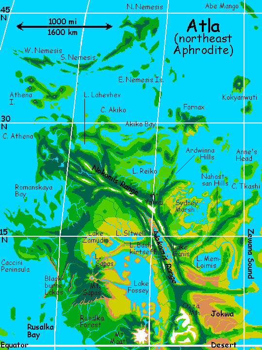 A map of Atla (eastern Aphrodite), on terraformed Venus.
