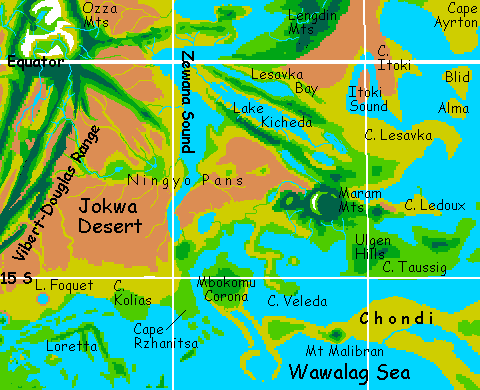 Map of Jokwa Desert region (Southeastern Aphrodite), on Venus, after terraforming