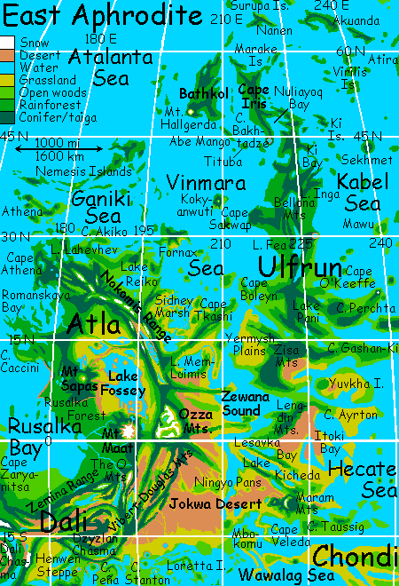 A map of eastern Aphrodite, largest continent on terraformed Venus.