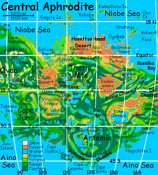 Map of central Aphrodite on Venus, after terraforming.