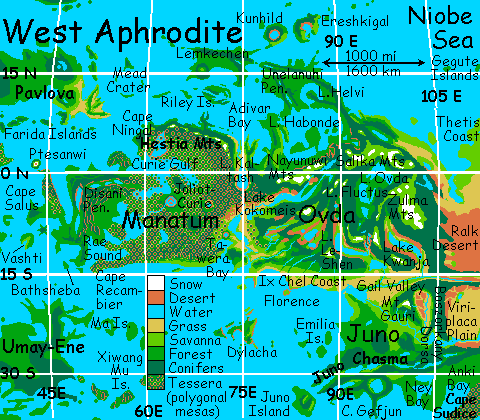 Map of western Aphrodite on Venus, after terraforming.