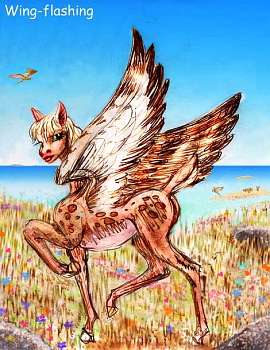 Fauna of Venus, 3000 AD: winged antelope, signaling to distant herd by flashing the white underside of her wings.