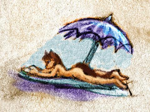 umbrella shades a furry reader on the beaches of Wheatley Bay, southern Asteria, on Venus after terraforming