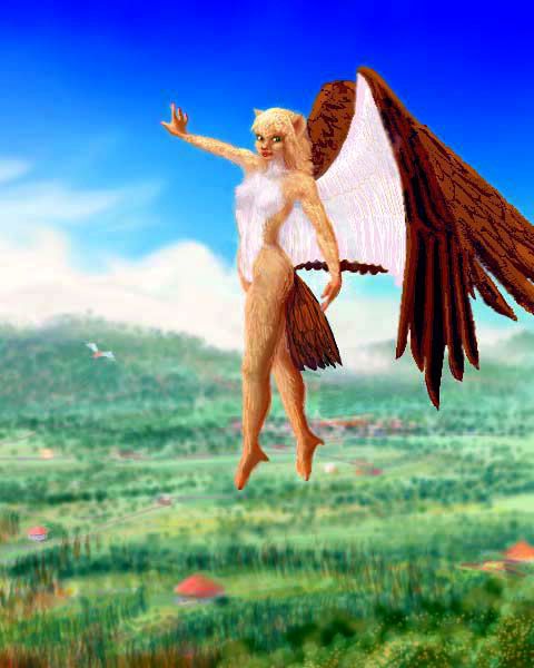 Winged catwoman hovers over Mediterranean landscape of eastern Lada, on terraformed Venus.