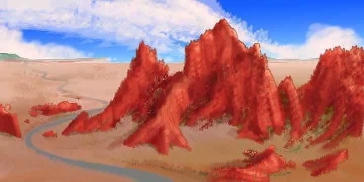 Red crags in the Ralk Desert, north-central Aphrodite on Venus, after terraforming.