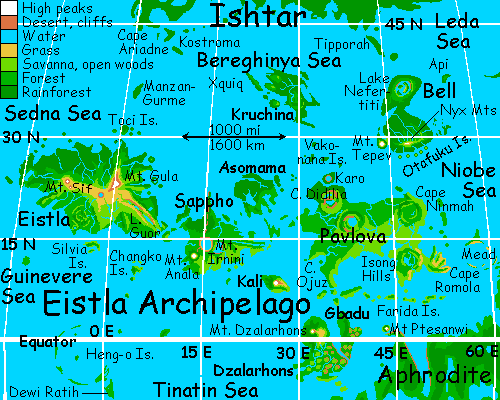 Map of Eistla and Bell regions, on terraformed Venus.