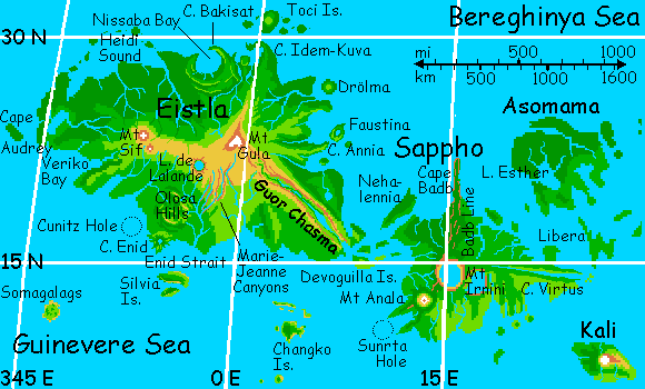 Map of Eistla and Sappho, on terraformed Venus.