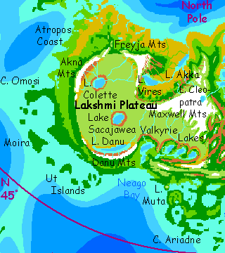 map of western Ishtar, Venus's northernmost continent, after terraforming