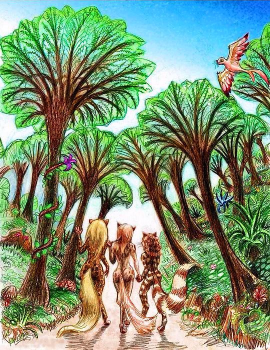 Three women walk down a path through fern-trees toward a beach. Isle of Tonatzin, in the Aino Sea, on Venus after terraforming. Click to enlarge.