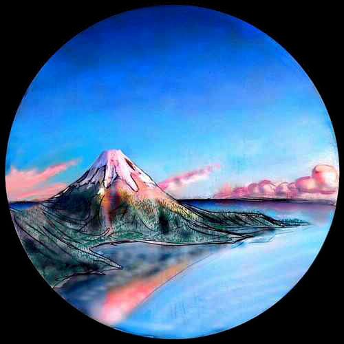 Fuji-like peak reflected in the sea at sunset: Mt Ptesanwi off western Aphrodite, on Venus after terraforming.