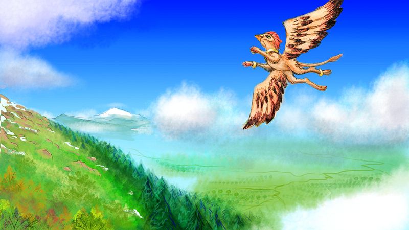 A gryphon rides the wind on Mt Mielikki, eastern Parga region, on Venus after terraforming. Sketch by Wayan. Click to enlarge.