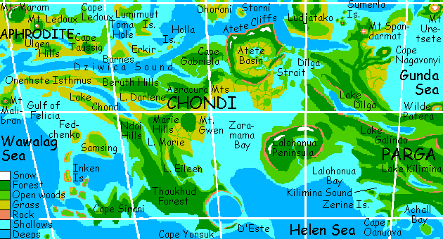 Close-up map of central Parga and Chondi, on Venus, after terraforming