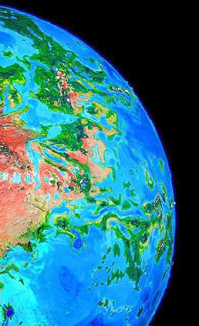 Orbital photo of Chondi Chasma and southeast Aphrodite, on Venus after terraforming. Click to enlarge.