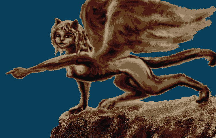 Dim light; dawn mist on a clifftop. A young sphinx in profile: humanoid head neck and breasts, handlike forepaws with opposable thumbs; eagle-like wings and puma-like body. She's a member of a bioengineered cliff-dwelling race on Venus 1000 years from now.