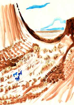 Sepia watercolor sketch of a desert pass on Venus, 3000 AD. Horselike figures lower left; scrub trees amid rocks; plains beyond.