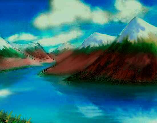 Lake Joshee, a desert lake below snowcapped peaks, at night, lit by the equatorial rings (not visible from this angle, unfortunately), in Phoebe, on Venus after terraforming.