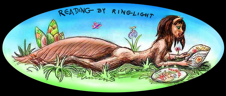 A woman (with wolf ancestry?) reading in a meadow by ringlight; the night's nearly as bright as day.
