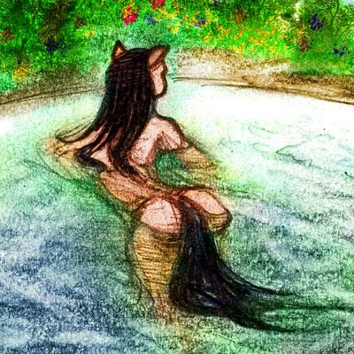 A cat woman swimming in the mangrove swamps of Chuginadak, in the Aino Sea, on Venus after terraforming.  Click to enlarge.