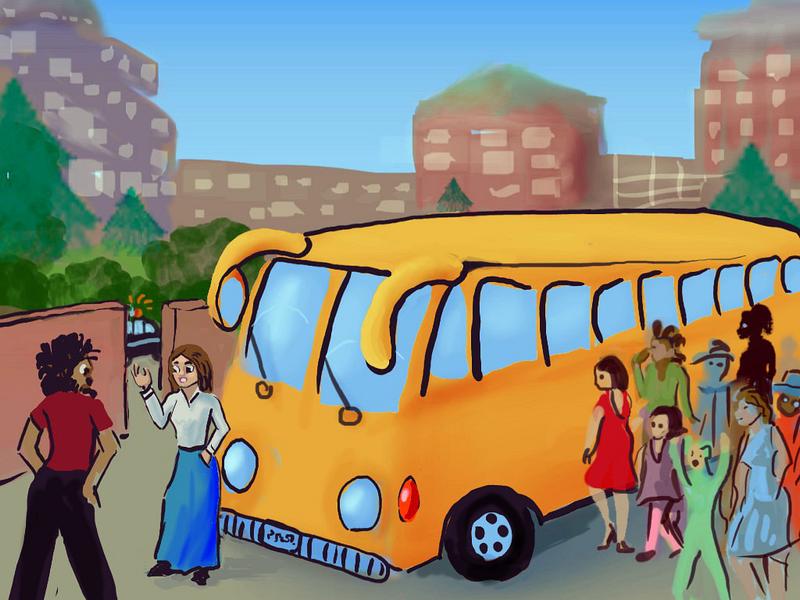 My friend Vera negotiating with an angry man by a schoolbus. Dream sketch by Wayan.