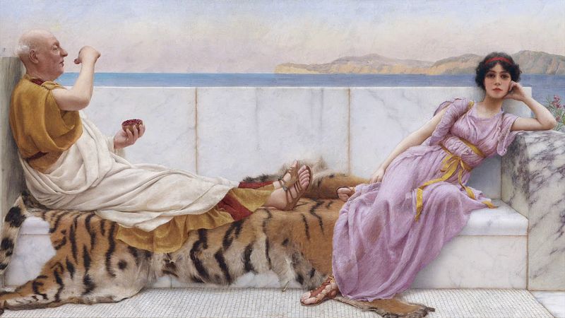 Anacreon and groupie. Painter unidentified; c.1890. Click to enlarge.