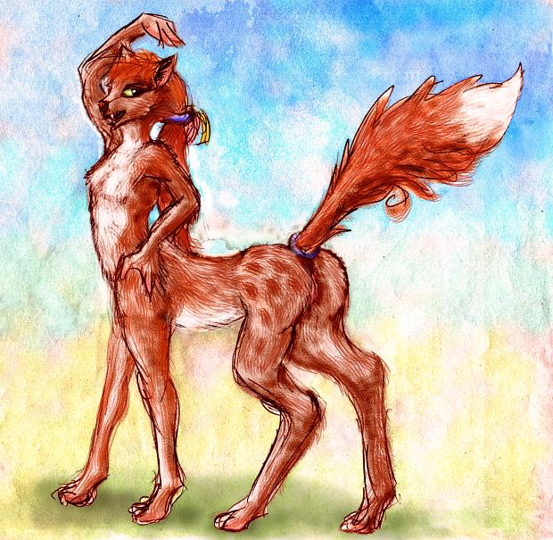 A green-eyed female foxtaur; profile, standing. Sketch by Wayan. Click to enlarge.